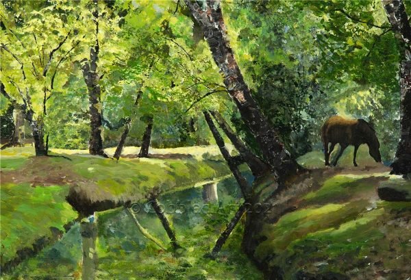 a horse eating grass on the banks of a river shaded by trees